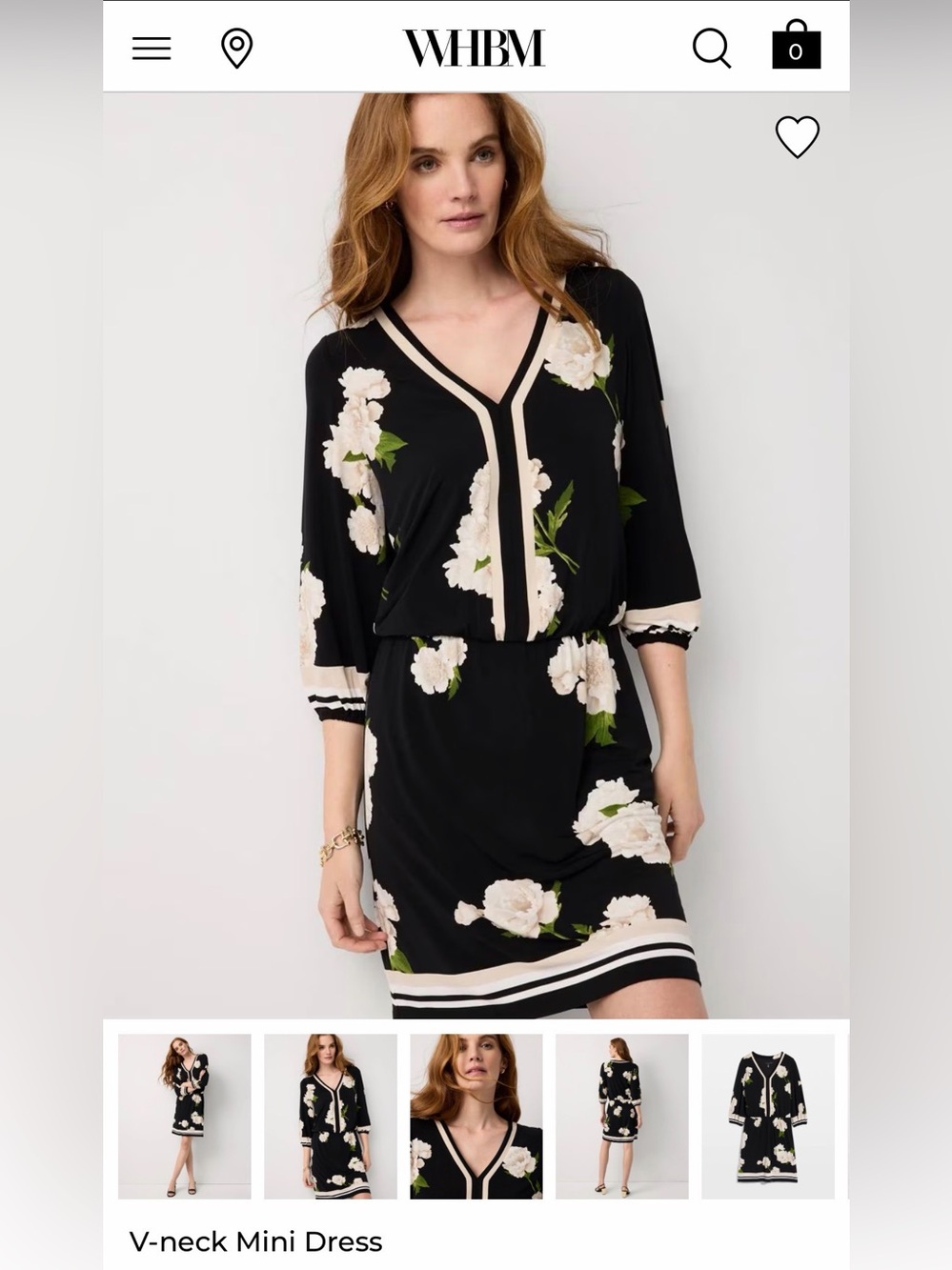 White House Black Market Black Floral V-Neck Mini Dress with Cream Trim